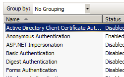 Immagine del riquadro Azioni nella pagina Autenticazione con l'opzione Autenticazione del certificato client di Active Directory evidenziata.