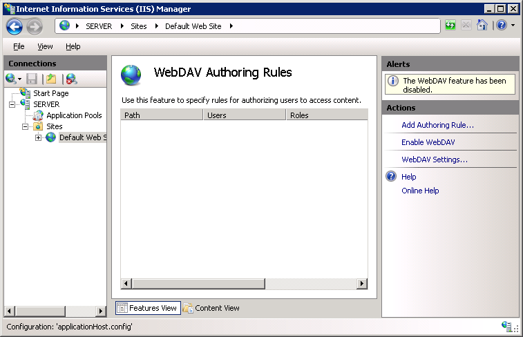 Screenshot del riquadro Azioni di I S Manager con uno stato attivo sull'opzione Abilita WebDAV.