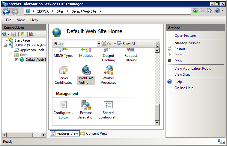 Screenshot del riquadro Home della schermata Home del sito Web predefinito con lo stato attivo sul collegamento WebDAV Authoring Rules (Regole di creazione WebDAV).