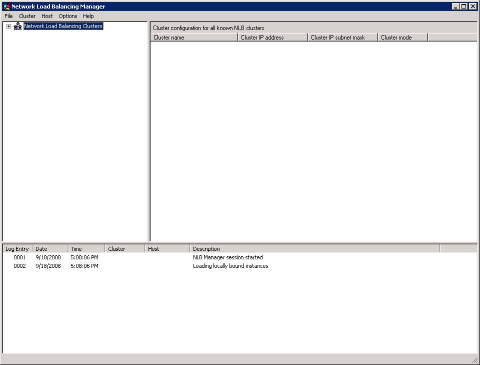 Screenshot della finestra Gestione bilanciamento carico di rete con i cluster di bilanciamento del carico di rete evidenziati.