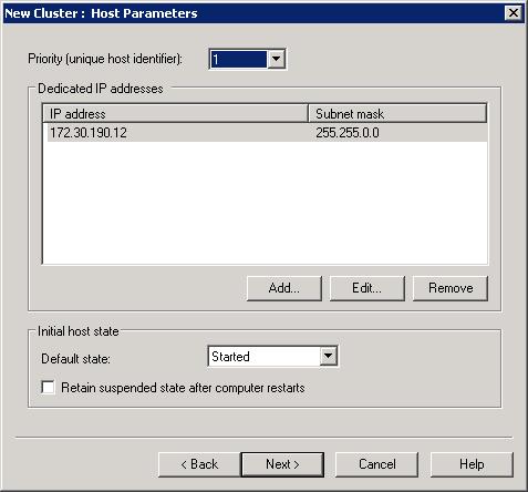Screenshot della finestra di dialogo Nuovi parametri host cluster con le impostazioni predefinite.