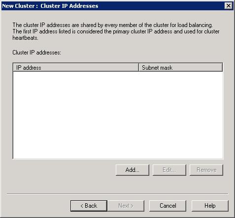 Screenshot della finestra di dialogo Nuovi indirizzi I P del cluster.