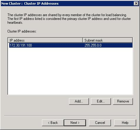 Screenshot della finestra di dialogo Indirizzi I P cluster che mostra un indirizzo I P e una subnet mask.