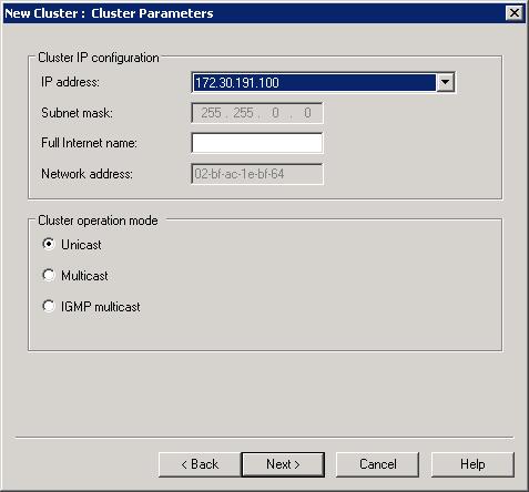 Screenshot della finestra di dialogo Parametri cluster che mostra i parametri predefiniti.