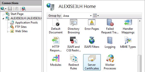 Screenshot del nodo server ALEXIS E 3 L H home con certificati server selezionato.