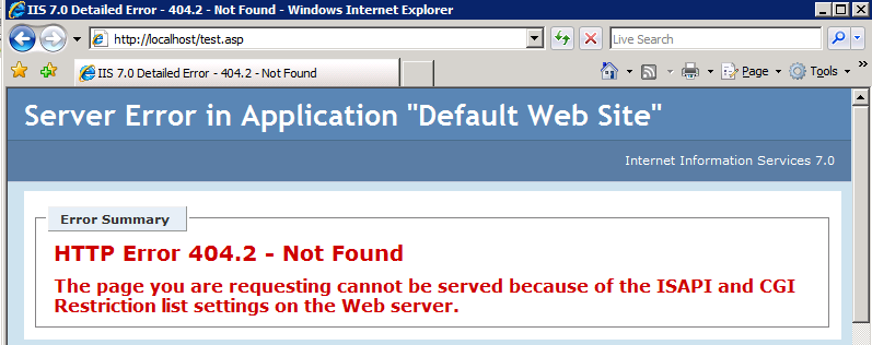 Screenshot che mostra una pagina Web denominata Errore server nel sito Web predefinito dell'applicazione. In Riepilogo errori viene visualizzato l'errore H T T P 404 punto 2 non trovato.