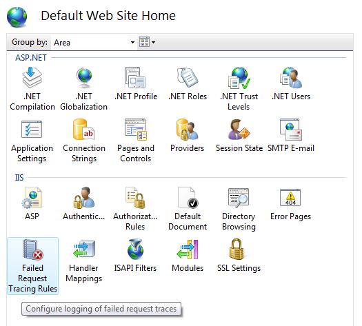 Screenshot che mostra il riquadro Home sito Web predefinito e le regole di traccia della richiesta non riuscite sono selezionate.