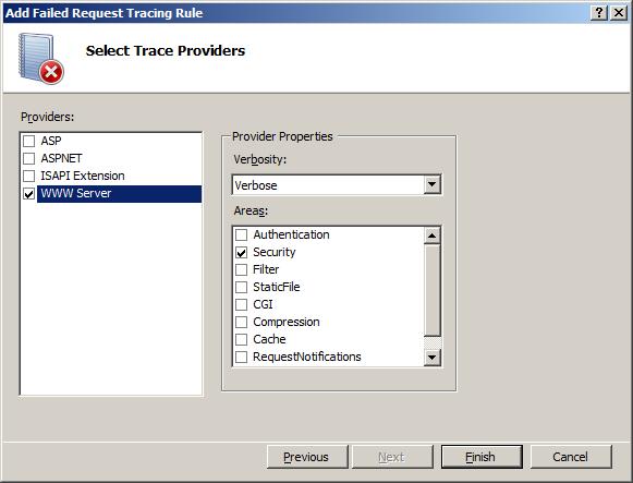 Screenshot che mostra la pagina Seleziona provider di traccia. W W Server è selezionato in Provider e La sicurezza è selezionata in Verbose.