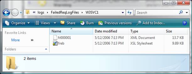 Screenshot che mostra Internet Explorer che passa al percorso W 3 S V C 1. Sono elencati due file, freb e f r 0 0 0 0 0 1.