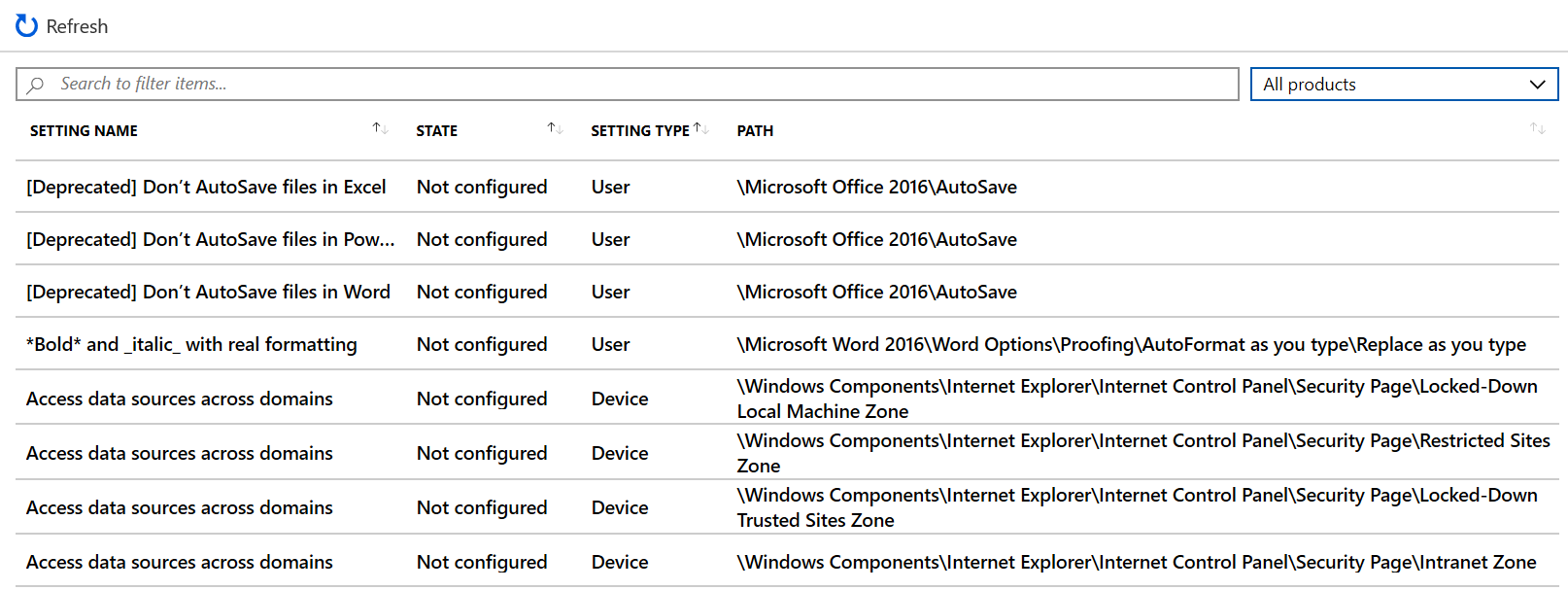 Vedere un elenco di esempio di impostazioni e usare i pulsanti precedente e successivo nell Intune a interfaccia di amministrazione e Microsoft Intune.