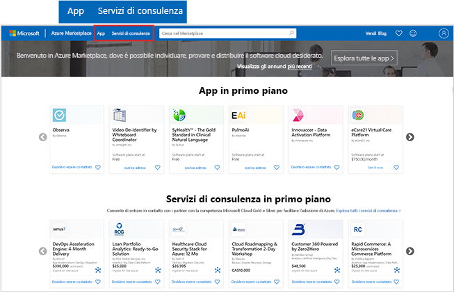 Screenshot of the Azure Marketplace homepage with emphasis on apps and consulting services buttons.