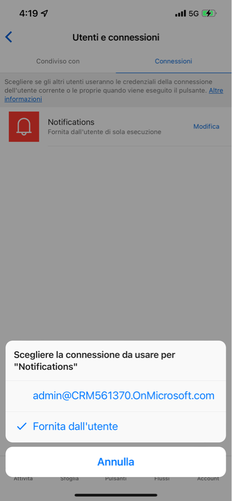 Screenshot di Utenti e connessioni con il messaggio Scegliere la connessione da usare per 