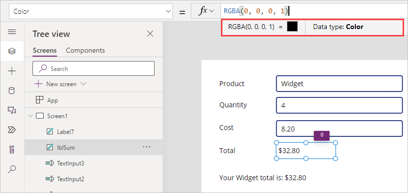 Screenshot del valore Color di lblSum che evidenzia il valore RGBA e il tipo di dati di Color.