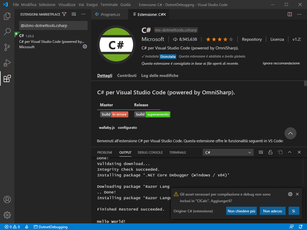 Screenshot of the Visual Studio Code prompt for required assets.