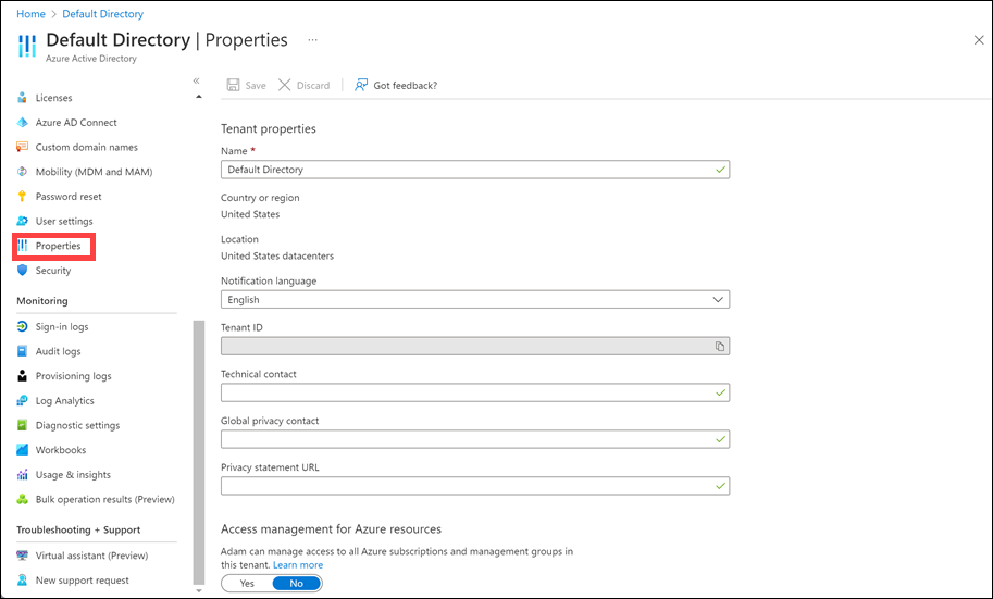 Screenshot of the Microsoft Entra Properties pane.