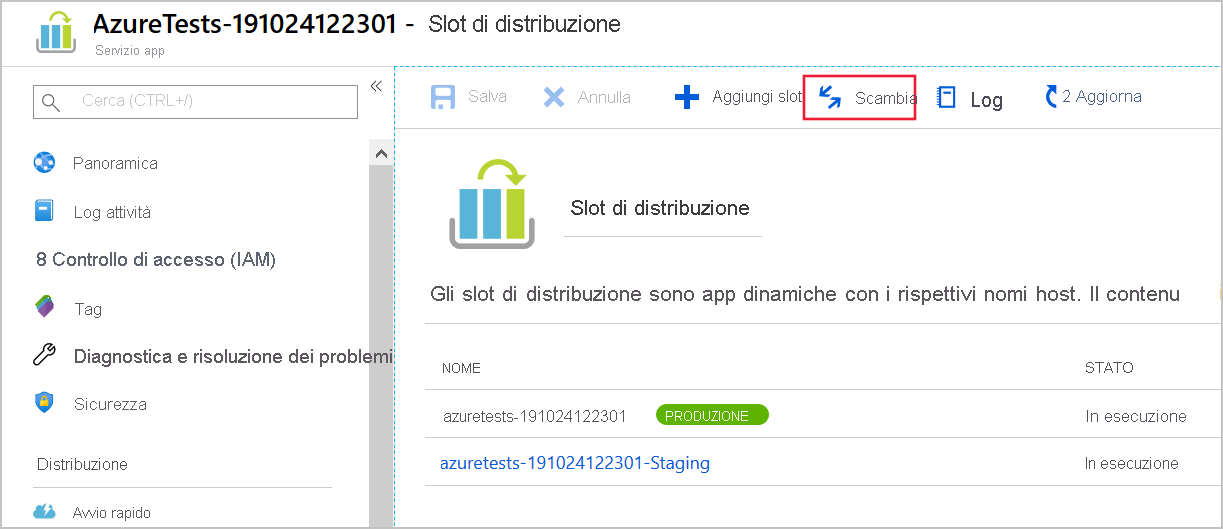 Screenshot dello swapping degli slot di distribuzione tramite il portale di Azure.