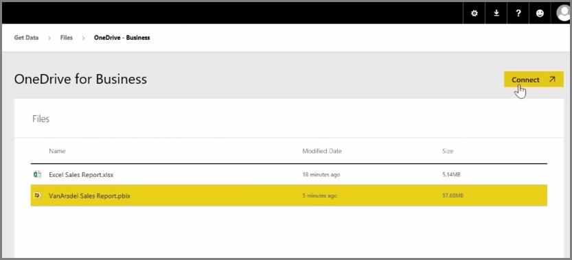 Screenshot di OneDrive for Business in cui è selezionato un file PBIX.