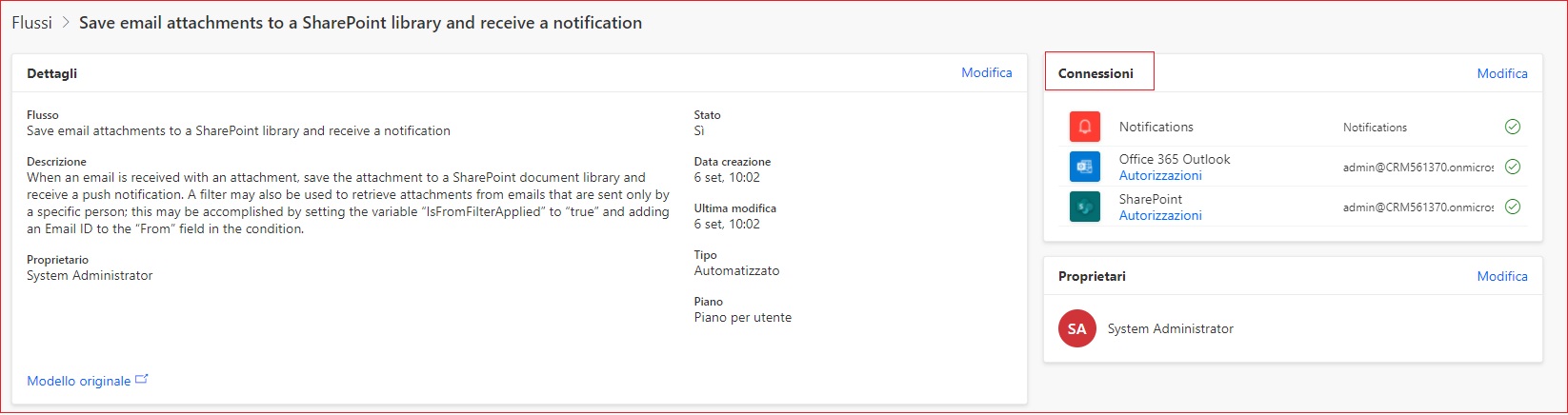 Screenshot della schermata Flussi > SMS con connessioni evidenziate.