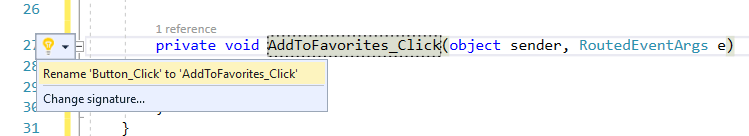 Screenshot of Visual Studio quick action option to rename button click method.