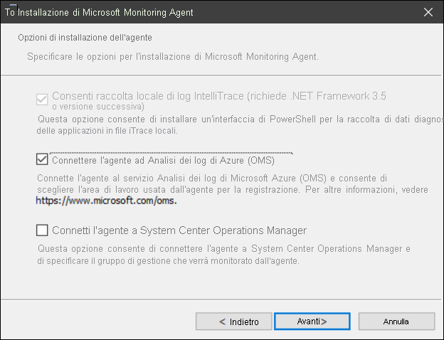 A screenshot of the Agent Setup Options page in the Microsoft Monitoring Agent Setup Wizard. The administrator has selected the Connect the agent to Azure Log Analytics (OMS) check box.