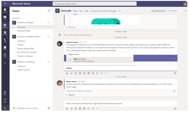 Screenshot che mostra i canali e la chat all'interno della piattaforma di Microsoft Teams.