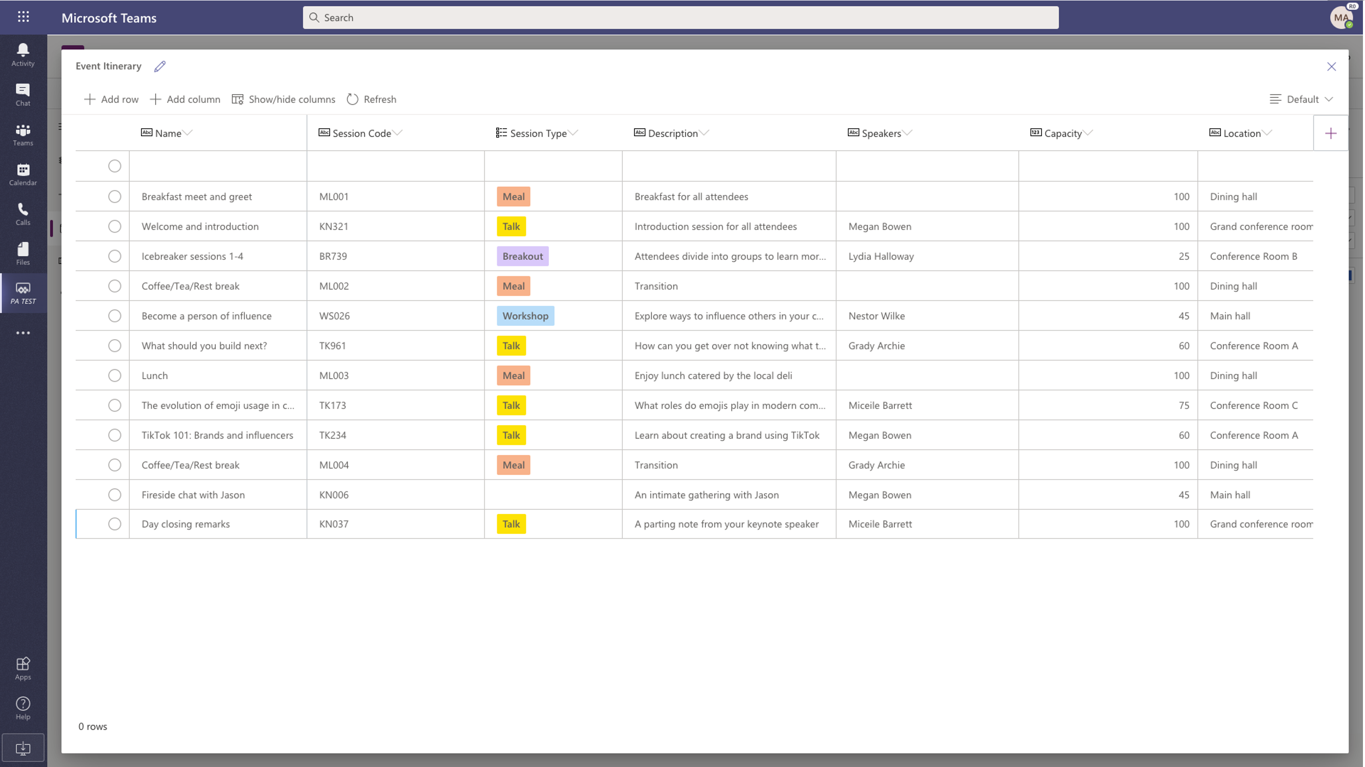 Screenshot dell'uso di Microsoft Dataverse per Teams nel client di Teams.