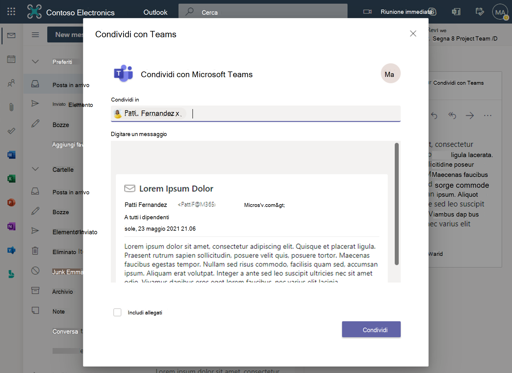 Screenshot dell'integrazione tra Outlook e Microsoft Teams.