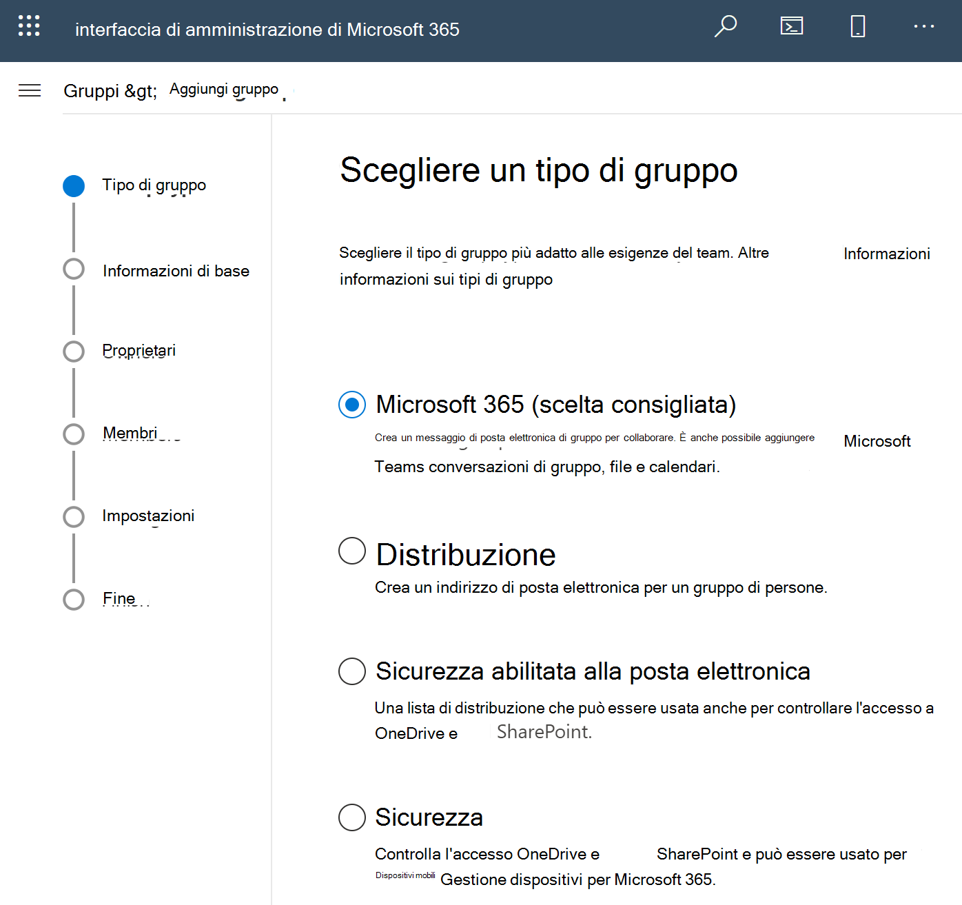 Screenshot di Create un gruppo di Microsoft 365.