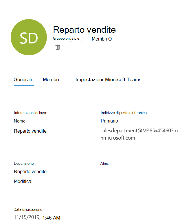 Screenshot della gestione del gruppo di Microsoft 365.