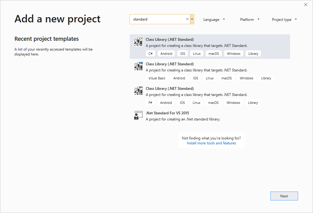 Screenshot della finestra di dialogo Nuovo progetto di Visual Studio con la ricerca di 