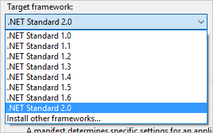 Screenshot di Visual Studio per l'impostazione della versione della libreria .NET Standard nel campo Framework di destinazione delle proprietà del progetto.