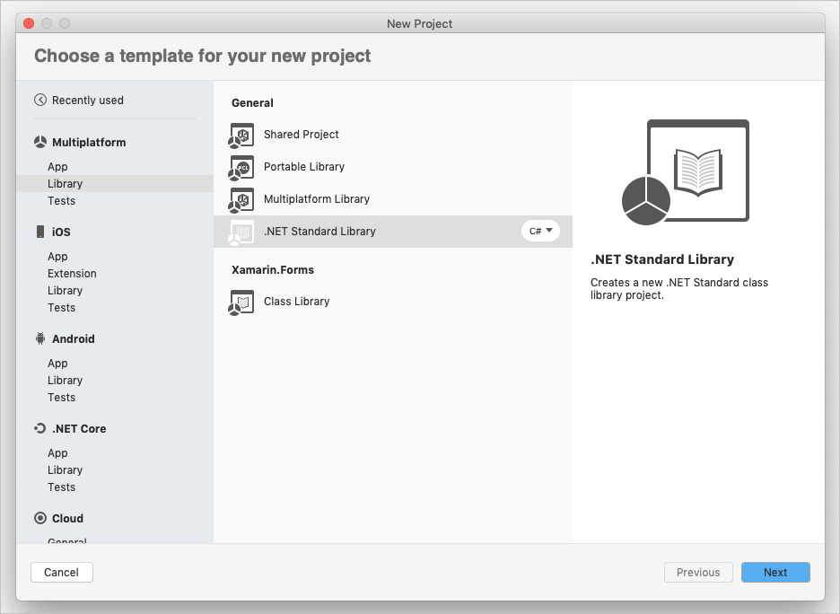 Screenshot della finestra di dialogo Nuovo progetto di Visual Studio per Mac con il modello Multipiattaforma > Libreria > Libreria .NET Standard selezionato.