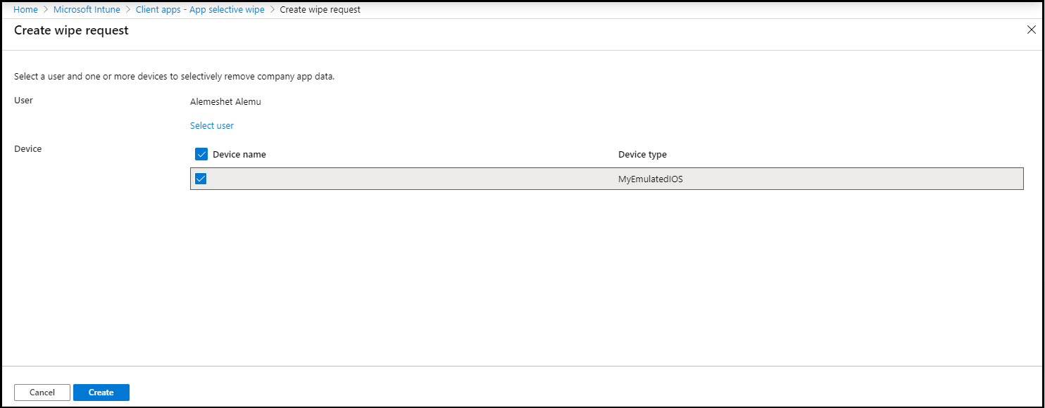Screenshot del riquadro 'Crea richiesta di cancellazione' in cui è selezionato il dispositivo