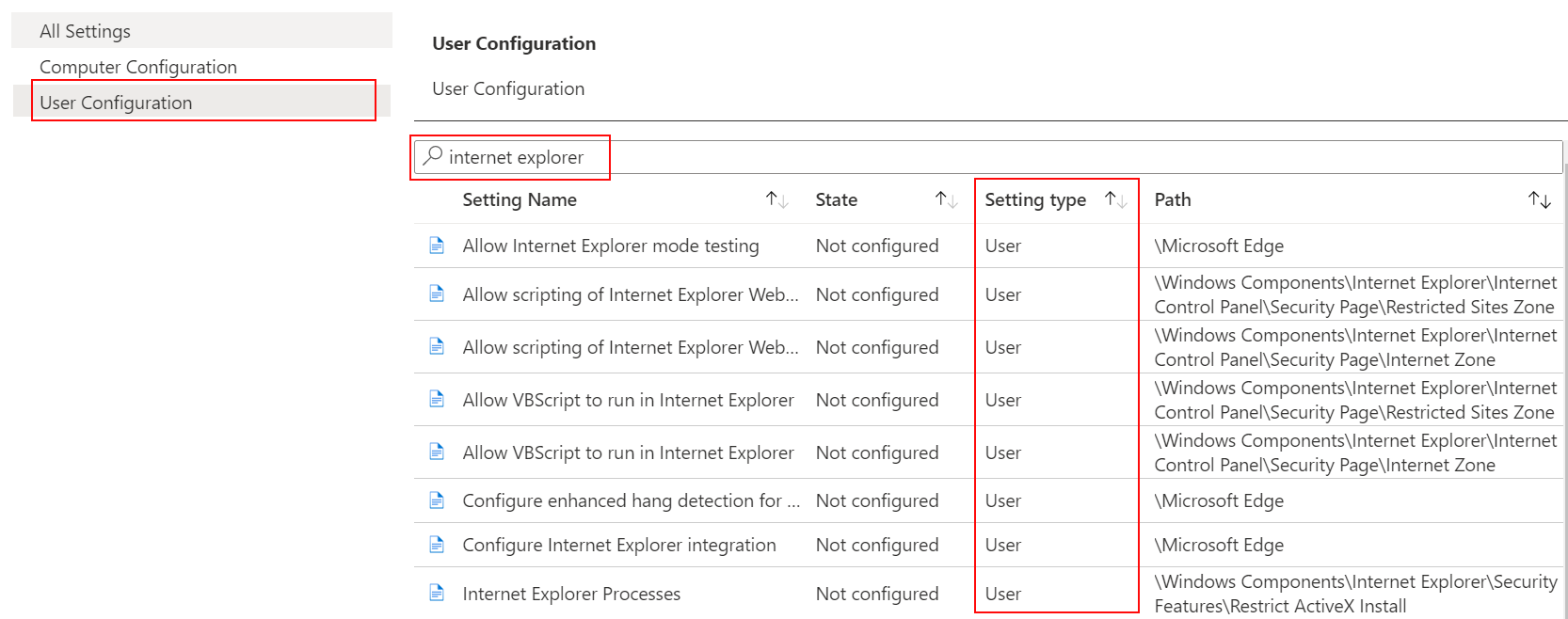 Nel modello ADMX selezionare Configurazione utente e cercare o filtrare Internet Explorer in Microsoft Intune.