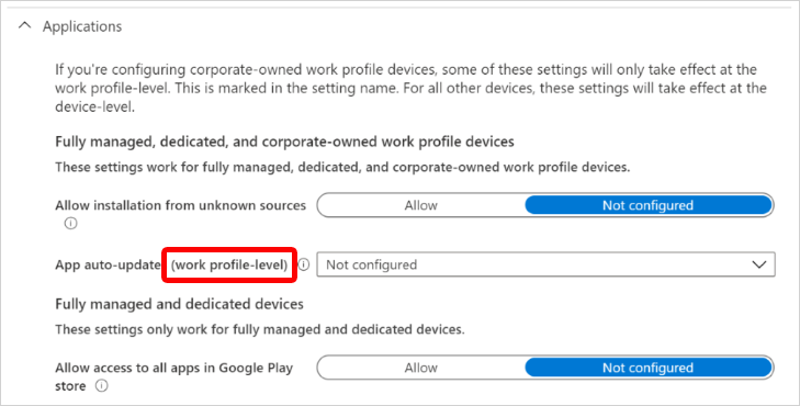 Screenshot che mostra le impostazioni dell'applicazione Android Enterprise applicabili a livello di profilo di lavoro di proprietà dell'azienda in Microsoft Intune.