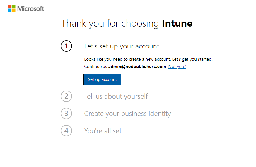 Screenshot della pagina Configura l'account di Microsoft Intune: Configurare l'account