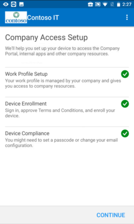 Screenshot che mostra Portale aziendale'app per i dispositivi del profilo di lavoro Android prima dell'aggiornamento, schermata Configurazione dell'accesso aziendale.
