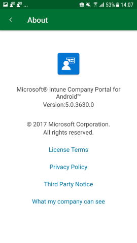 Screenshot che mostra Portale aziendale'app per Android, Schermata Informazioni su aggiornata.