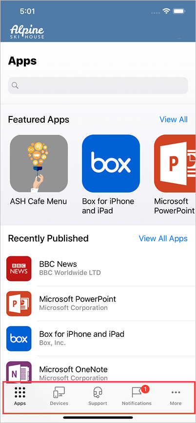 Immagine di Portale aziendale per iOS/iPadOS, evidenziando le icone aggiornate nel menu inferiore.