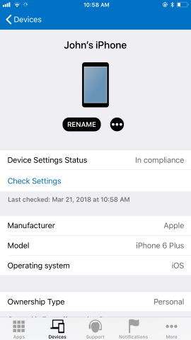 Screenshot che mostra Portale aziendale'app per i O S/i Pad O S dopo l'aggiornamento, Dispositivi.
