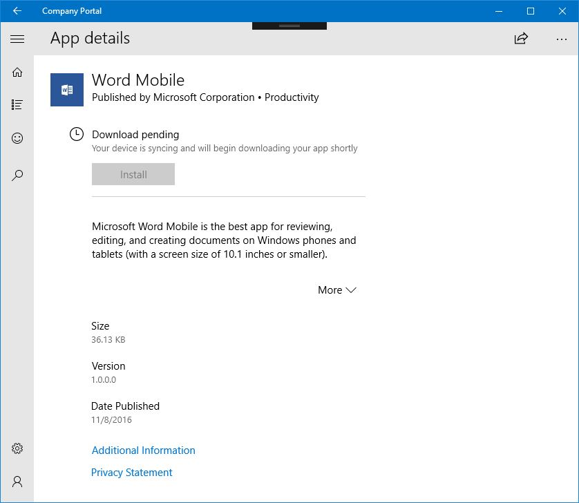 Immagine dell'app Windows 10 Portale aziendale, con il nuovo stato di sincronizzazione automatica visualizzato con un messaggio di stato che indica che il dispositivo sta eseguendo la sincronizzazione e sta tentando di scaricare l'app.