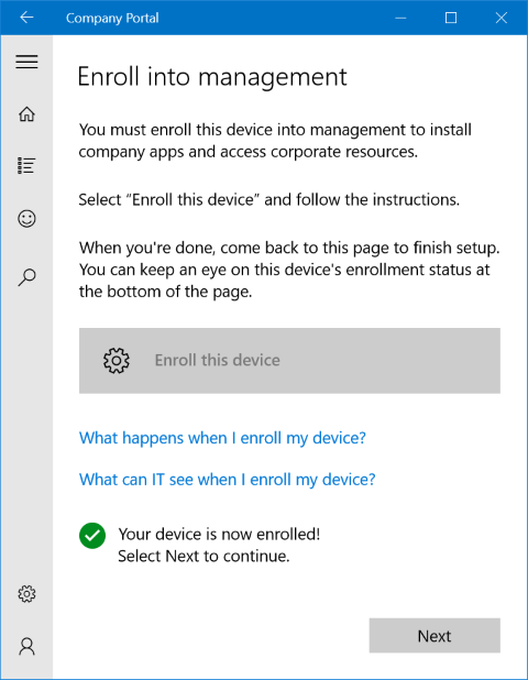 Immagine della schermata di registrazione dell'app Windows 10 Portale aziendale nella gestione, che mostra un messaggio di stato completato che indica che il dispositivo dell'utente è ora registrato e che deve toccare il pulsante 