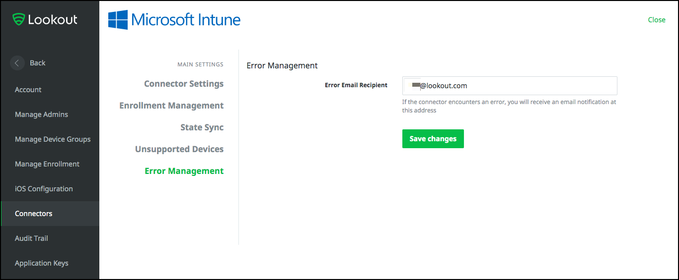 Screenshot of the Intune connector error management page