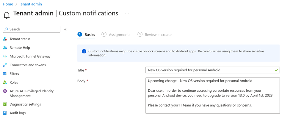 Screenshot che mostra un messaggio di notifica personalizzato nell'interfaccia di amministrazione Microsoft Intune.
