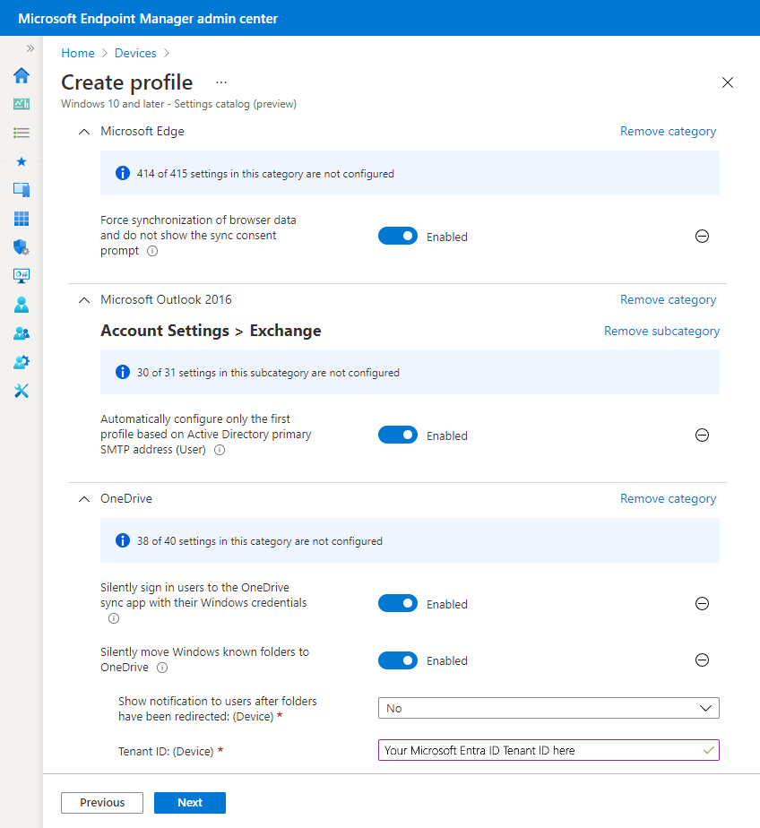 Immagine che mostra un esempio di profilo del catalogo delle impostazioni in Microsoft Intune.