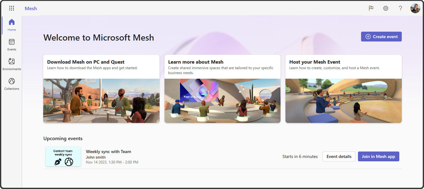 Screenshot di Mesh nella home page Web.