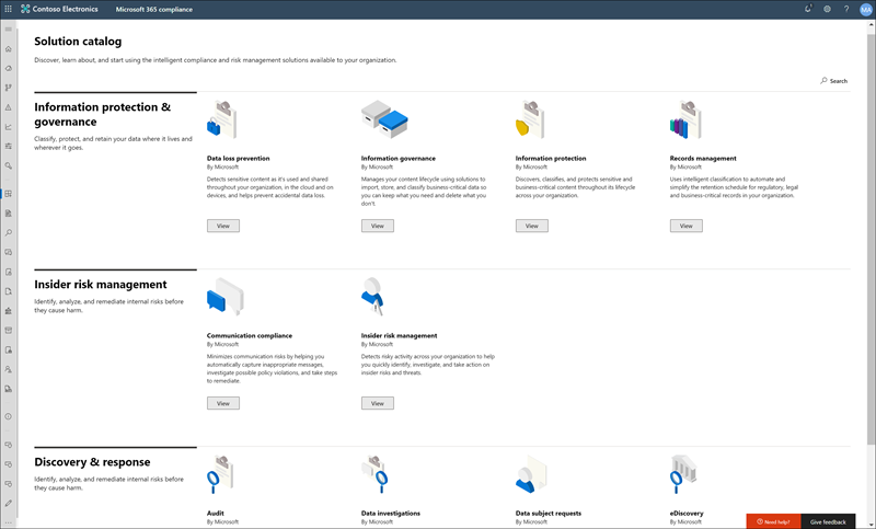 Home page del catalogo delle soluzioni Microsoft Purview.