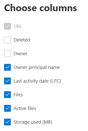Report sull'utilizzo di OneDrive: scegliere le colonne.