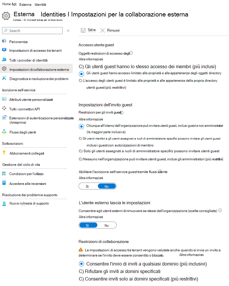 Screenshot della pagina Impostazioni collaborazione esterna Microsoft Entra.