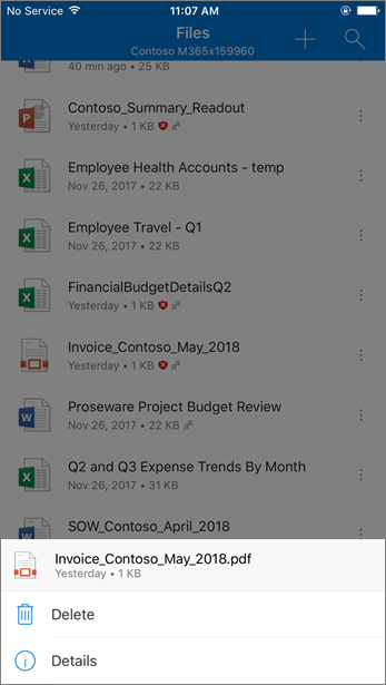 L'opzione per eliminare un file bloccato OneDrive for Business dall'app OneDrive per dispositivi mobili